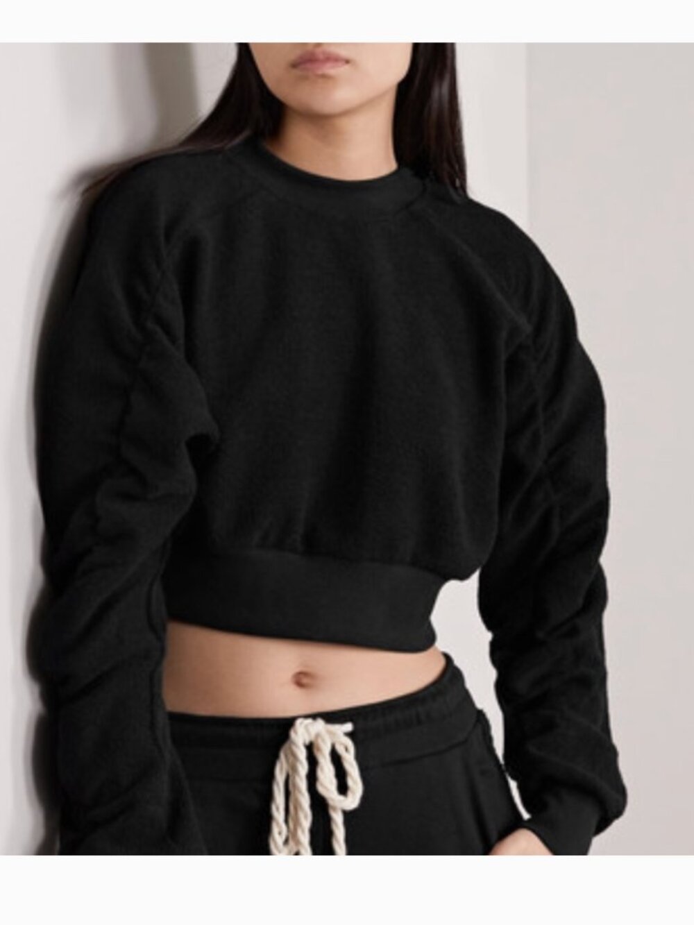 NWOT Twenty Montreal Sunnyside Cropped Ruched Cotton Black Terry Sweatshirt
